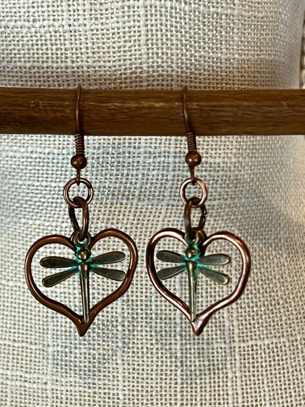 Copper Heart Dragonfly Earrings with Green Accent - Picture 2 of 2
